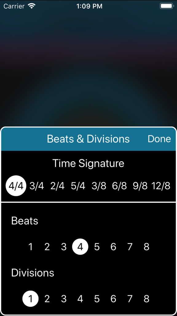 Time Trainer Metronome - Settings for time signature beats and divisions in the Time Trainer Metronome app