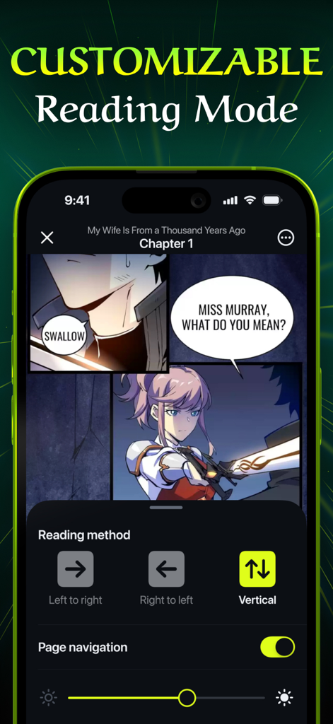 MangUp: Manga Reader App - Interface of MangUp app showing customizable manga reading modes including vertical scrolling and brightness controls