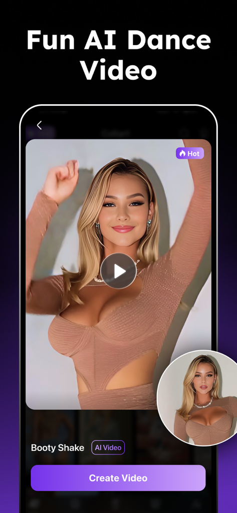 Interface of Collart app showing Fun AI Dance Video feature with a photo transformation example.