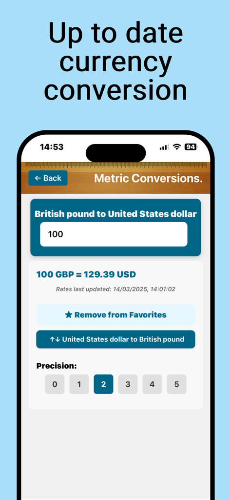 Metric Conversions Premium - Metric Conversions Premium app interface showing a currency conversion from British pounds to US dollars with precision settings