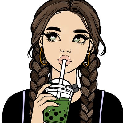 realistic girl with braided hair drinking boba