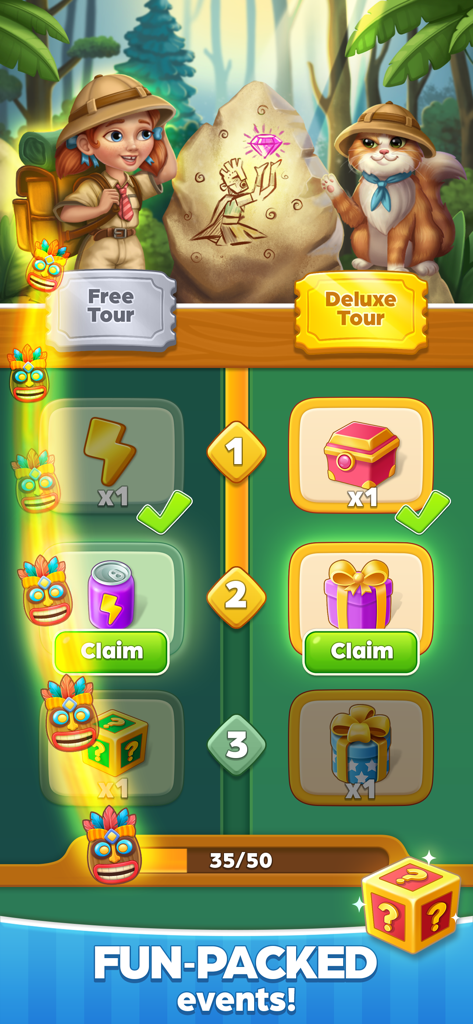 Écran du jeu Journey Home montrant un événement sur le thème du safari avec des niveaux de récompenses gratuits et deluxe pour les joueurs