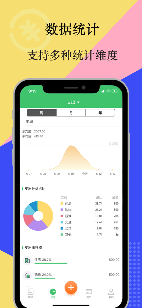 有鸭记账 - 专业协同家庭记账本 - Statistics screen of the Duck Bookkeeping app showing expense category pie charts and spending trends.