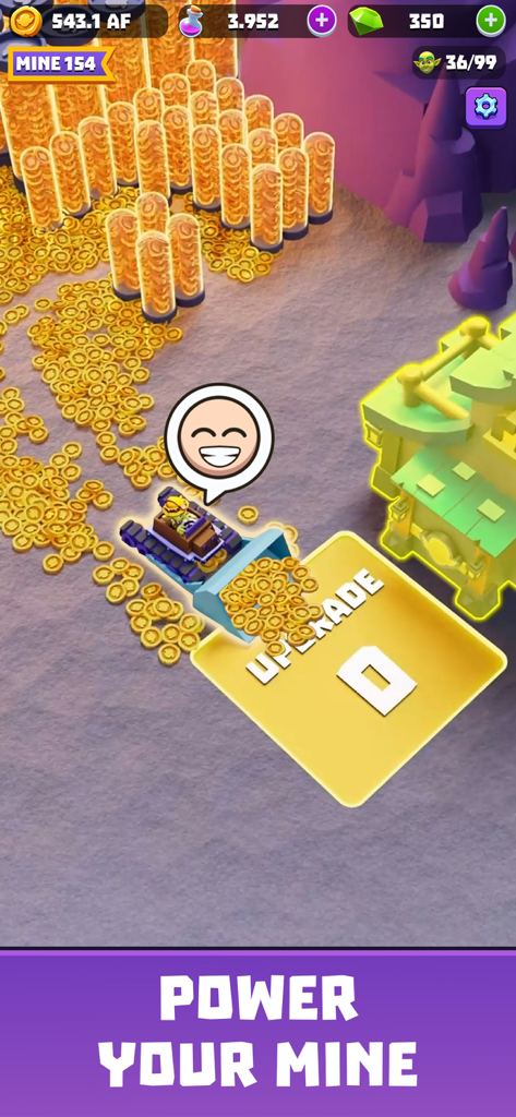 Gold and Goblins - Idle Games - A goblin miner collecting piles of gold coins in a mine with an upgrade platform