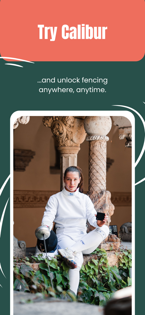 Calibur - A female fencer holding the Calibur wireless device in an outdoor courtyard