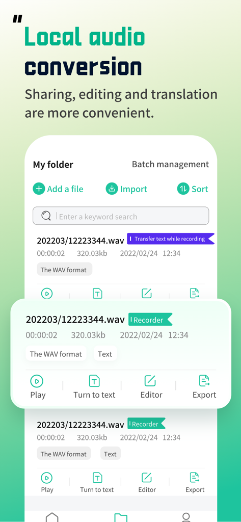 Sound Recorder - Audio Memos - Sound Recorder app interface showing audio file management and voice to text conversion features