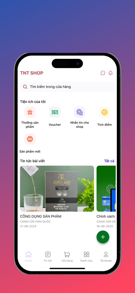 TNT.TV Shop - Home screen of the TNT Shop mobile app showing health products and wellness articles
