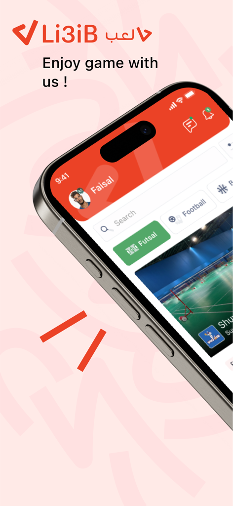 iPhone screen displaying the Li3ib app home page with sports categories like futsal and football for venue booking.