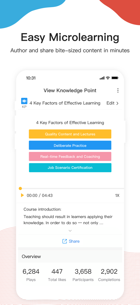 UMU Mobile App-Oberfläche, die einen Microlearning-Kurs mit Teilnehmer-Engagement-Metriken anzeigt