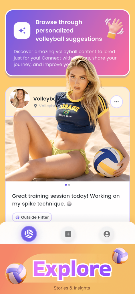Voiya - Voiya app explore screen featuring a volleyball training post with role tagging and personalized suggestions.