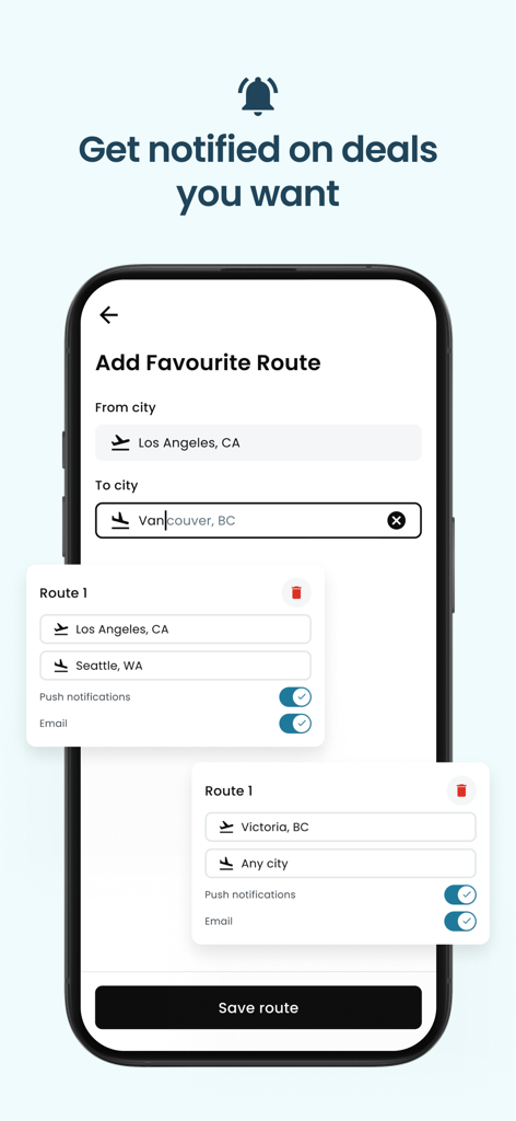 Airble-App-Oberfläche, die den Bildschirm zum Hinzufügen von bevorzugten Routen für Benachrichtigungen über Flugangebote zeigt.