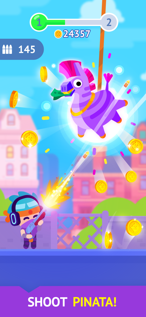 Pinatamasters - Pinatamasters 게임 플레이 중 보라색 라마 피냐타를 쏘고 금화을 수집하는 캐릭터