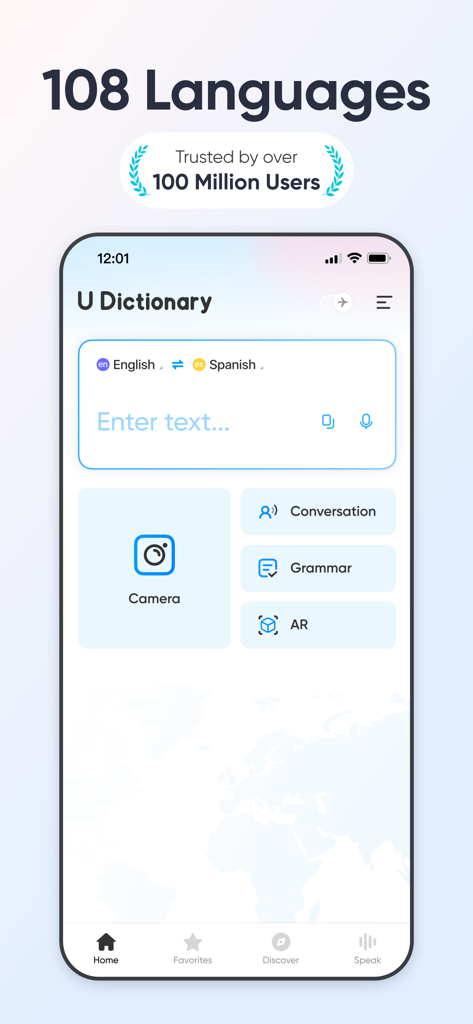 UDictionary Translator - Main home screen of UDictionary Translator app showcasing text camera and grammar translation tools for 108 languages