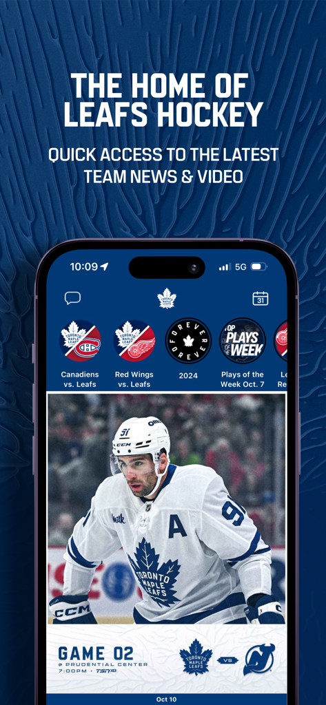 The official Toronto Maple Leafs app showing the home screen with game news and team updates