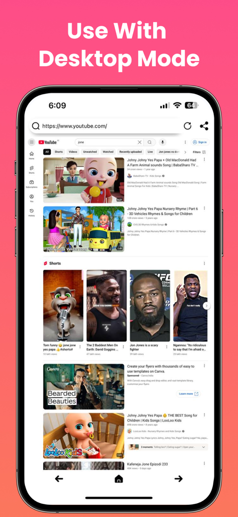Hola Browser-Private&Fast web - A smartphone showing the Hola Browser app using desktop mode to display the YouTube website.