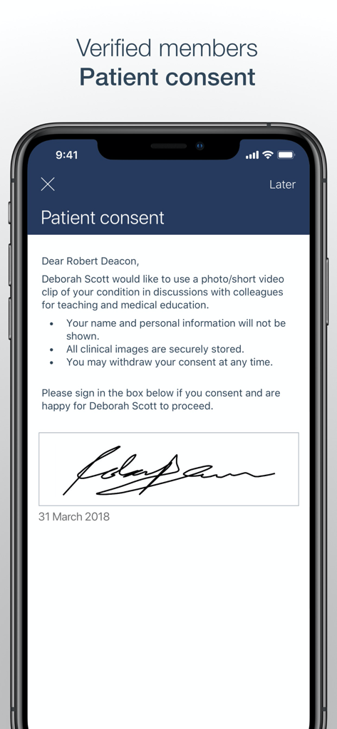 MedShr: The App for Doctors - Digital patient consent form with signature in the MedShr medical app for doctors