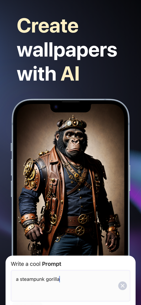 Wave AI app interface showing a steampunk gorilla wallpaper generated from a text prompt