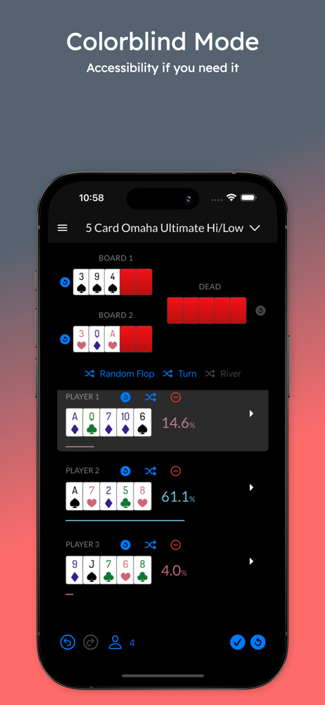 Poker Geek Odds Pro - Poker Geek Odds Pro app interface showing the colorblind accessibility mode for Omaha poker odds calculation