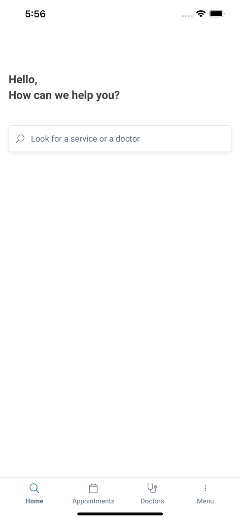 VillaMargherita 앱 홈 화면, 서비스 또는 의사 검색을 위한 검색창과 하단 탐색 메뉴