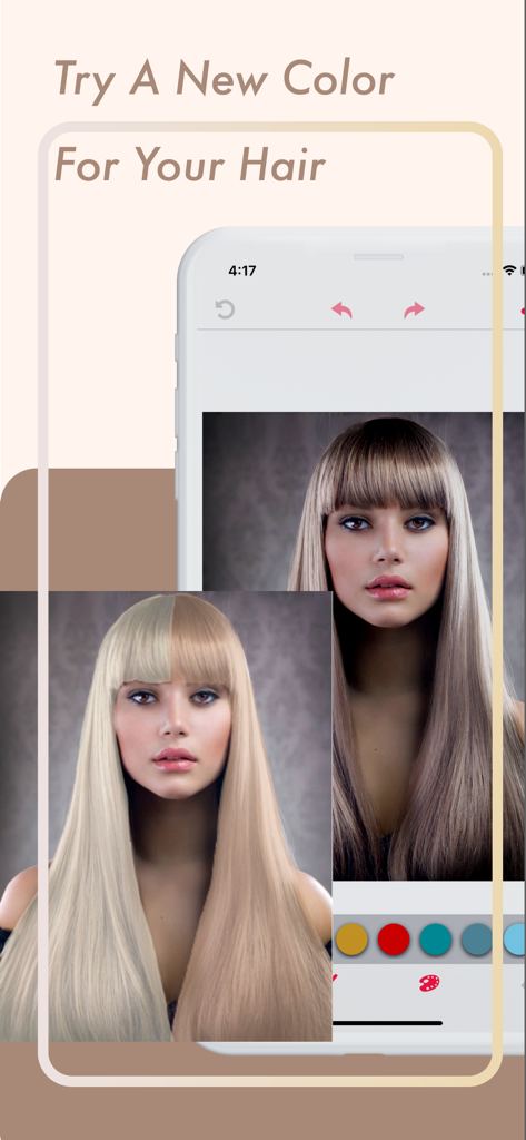 Interfaz de aplicación móvil que muestra una prueba de color de cabello virtual con una comparación de pantalla dividida.