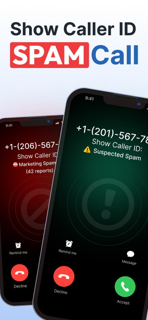 Show Caller ID & Spam Blocker - Pantalla del iPhone mostrando la aplicación Show Caller ID identificando una llamada entrante sospechosa de spam y marketing.