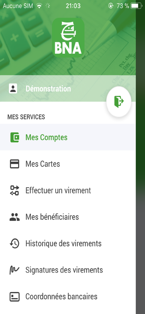 The main services menu of the BNAtic mobile banking app showing options for accounts, cards, and transfers in French.