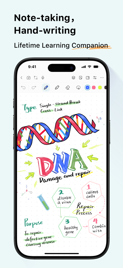 StarNote: Handwriting&PDF - Screenshot der StarNote-Mobil-App, der bunte handgeschriebene DNA-Biologie-Notizen und Diagramme anzeigt