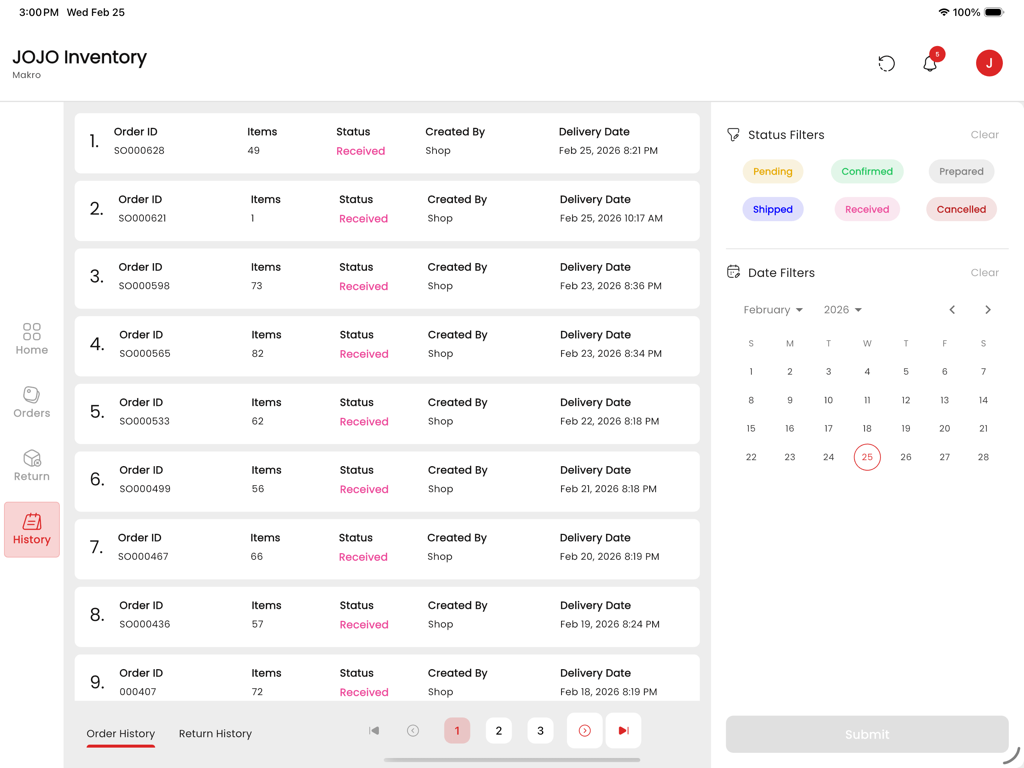 JOJO HotPot Inventory - JOJO HotPot Inventoryアプリの注文履歴ダッシュボード。iPadに受信注文リストとステータスフィルターが表示されています。