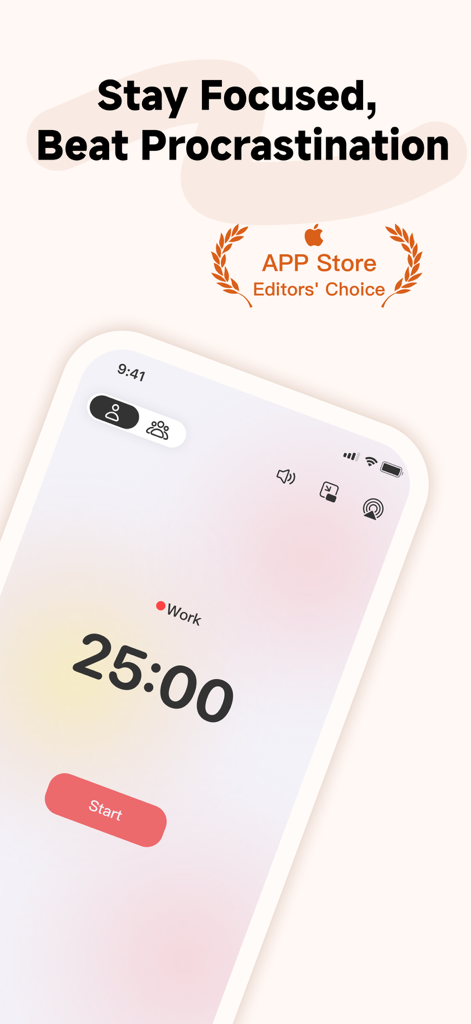 Pomo Up - Pomodoro Timer - Pomo Upアプリのインターフェース。仕事セッション用の25分間のポモドーロタイマーと、App Store エディターズチョイスのバッジが表示されています。