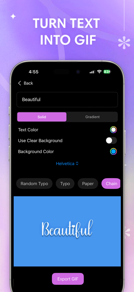 Interface of the GIF Maker app showing options to convert text into a GIF with customizable fonts, colors, and backgrounds.