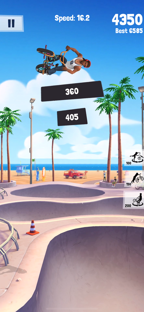 Flip Rider - BMX Tricks - A BMX rider performing a mid-air trick over a concrete bowl at a beachside skatepark