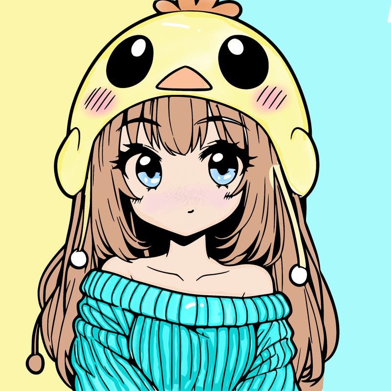 anime girl with chick shaped hat with sweater with bare shoulders with bangs covering them one eye with low tail