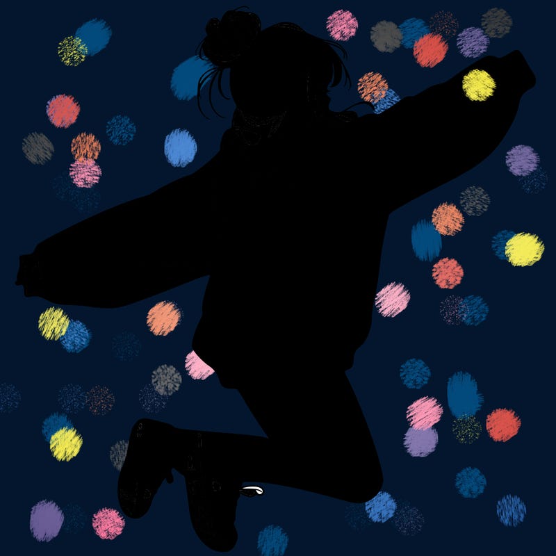 realistic girl jumping with a bun and oversized sweatshirt