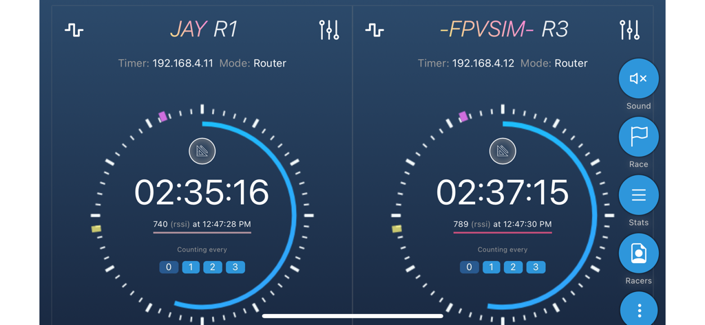 FPVSIM-TIMER - Interfaz que muestra múltiples cronómetros de carreras de drones con valores RSSI y estadísticas de carrera