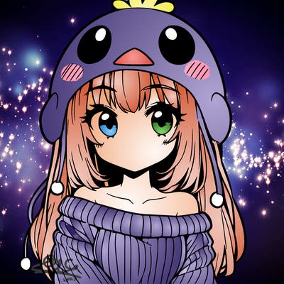 anime girl with chick shaped hat with sweater with bare shoulders with bangs covering them one eye with low tail