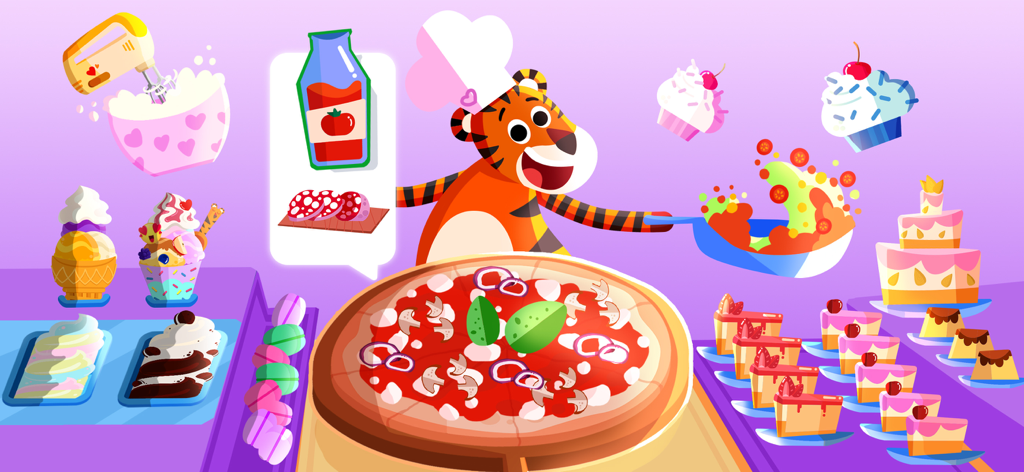 Fun Cooking games for Kids - Un alegre chef tigre de dibujos animados preparando una pizza grande rodeado de coloridos cupcakes y helados