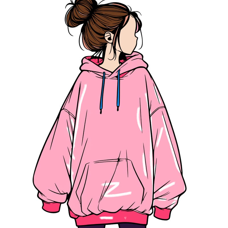 realistic girl with a oversized sweatshirt on and a bun