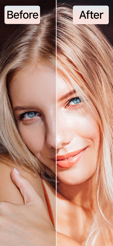 A side-by-side comparison of a woman's face showing the dramatic color enhancement from a professional photo preset