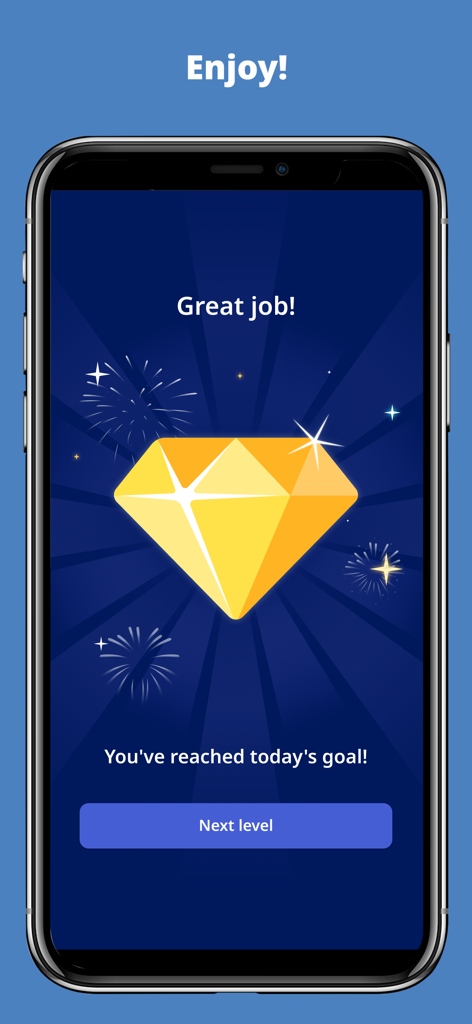 Antistress trivia Zen Quiz app screen showing a yellow diamond icon and a daily goal reached notification.