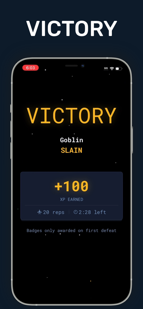 PUPG - Push Up PlayGround - PUPG app victory screen showing 100 XP earned and a goblin slain message after a push up workout