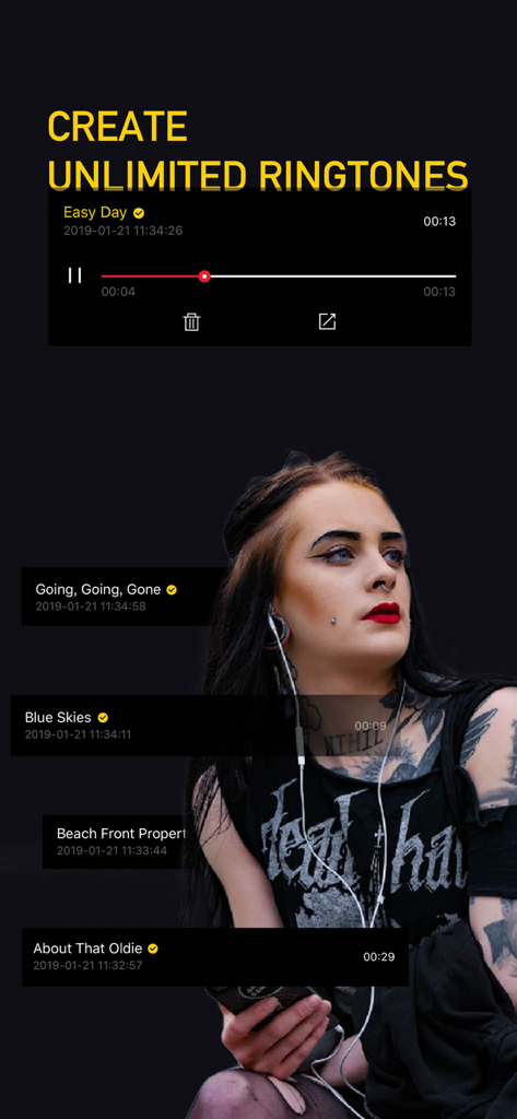 Ringtone Maker + - Uno screenshot dell'app Ringtone Maker che mostra la funzione di creazione di suonerie illimitate con un elenco di brani e un'interfaccia del lettore