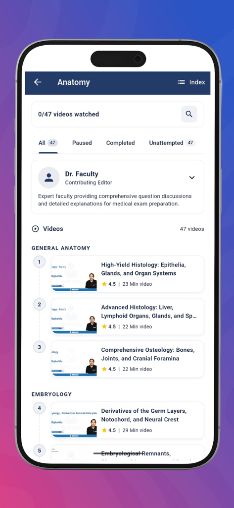 Medico: NEET-PG & INI-CET Prep - Medico app screen showing a list of anatomy video lessons and high yield medical lectures