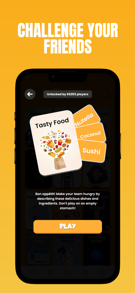 Charades - Guess The Word! - Charades app Tasty Food category screen with cards for Nutella, Coconut, and Sushi.