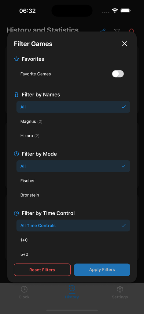 Grandmaster Chess Clock - Filter games screen in the Grandmaster Chess Clock app showing options for player names modes and time controls