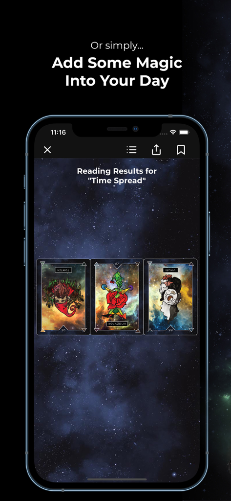 Aether Creature Cards app interface showing three oracle cards from a Time Spread reading on a galaxy background