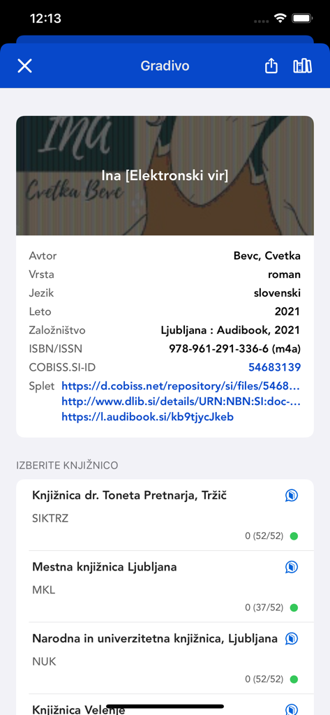 mCOBISS - mCOBISS app screen showing book information and library selection in Slovenia