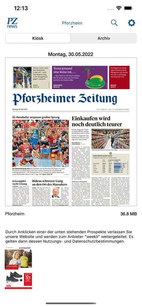 Screenshot der PZ-App, der die Titelseite der digitalen Zeitung Pforzheimer Zeitung zeigt