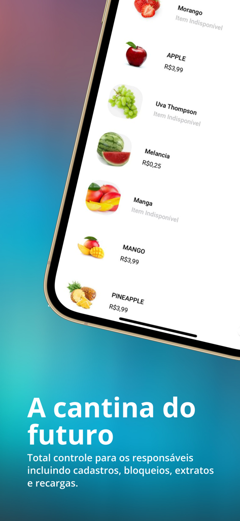 Menupass Mobile App-Oberfläche, die ein digitales Menü mit verschiedenen Früchten und Preisen für die Schulmensa-Verwaltung anzeigt