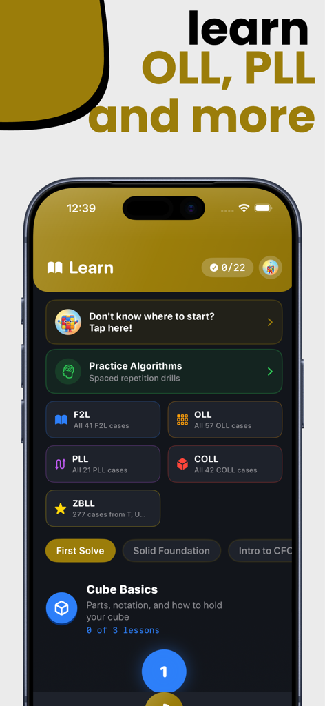 CuberPal: Cube Timer & Coach - The learning dashboard of the CuberPal app showing modules for OLL, PLL, and speedcubing algorithm practice.