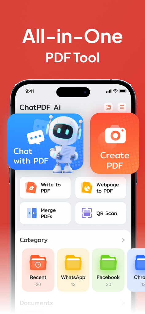 Painel do ChatPDF Ai apresentando chat com IA e ferramentas de gerenciamento de documentos em um iPhone
